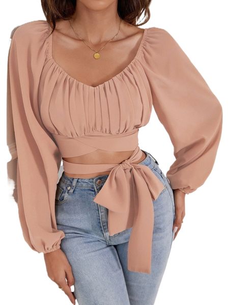 

ruched bust lantern sleeve knot front crop blouse j8na#, White