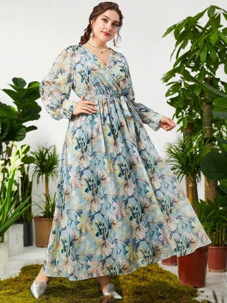 

plus allover floral print surplice neck belted maxi dress o1m8#, Black