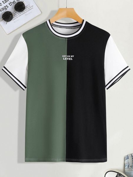 

men slogan & colorblock contrast tape tee f3nc#, White;black