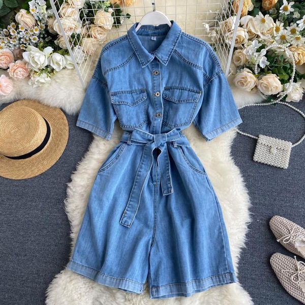 Sommer Frauen Vintage Blue Denim Playsuits Kurzarm Strampler Damen Casual Chic Jeans Overalls Mit Schärpen frauen