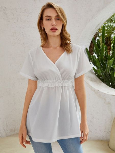 

overlap collar ruffle trim blouse u7sh#, White