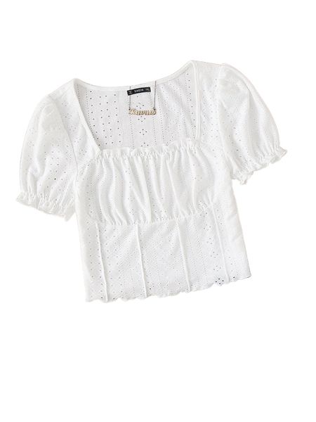 

plus eyelet embroidery frill puff sleeve lettuce trim tee i6qz#, Black