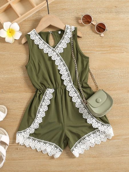 

toddler girls contrast guipure lace trim romper she, Blue