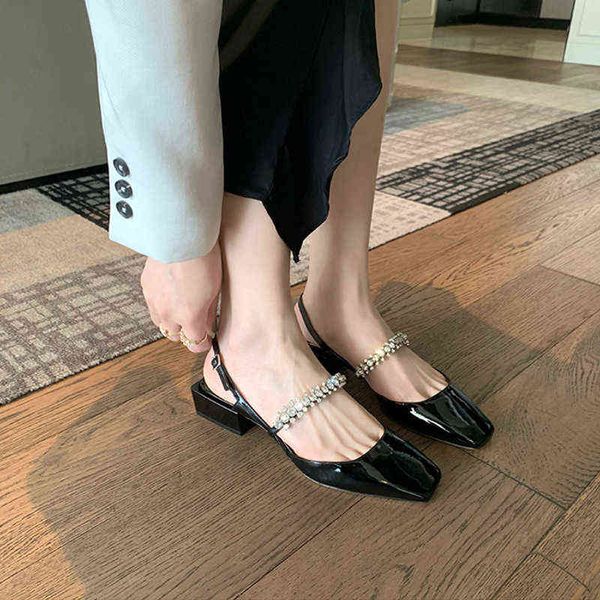 

spring and summer one line drill with back empty square head shallow mouth thick heel baotou sandals female, Black