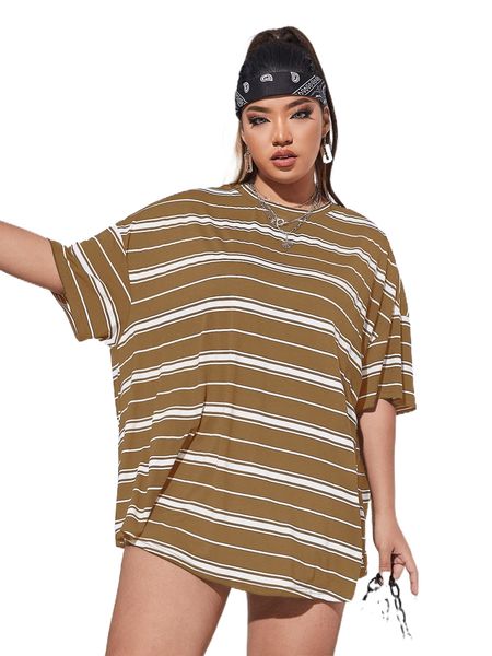 

plus drop shoulder striped tee 57ty#, Black