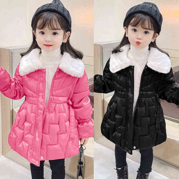 2022 Inverno grosso Mantenha as meninas quentes da jaqueta longa estilo de algodão sólido Rouped Capeled quebra-vento para menina 2-6 anos J220718
