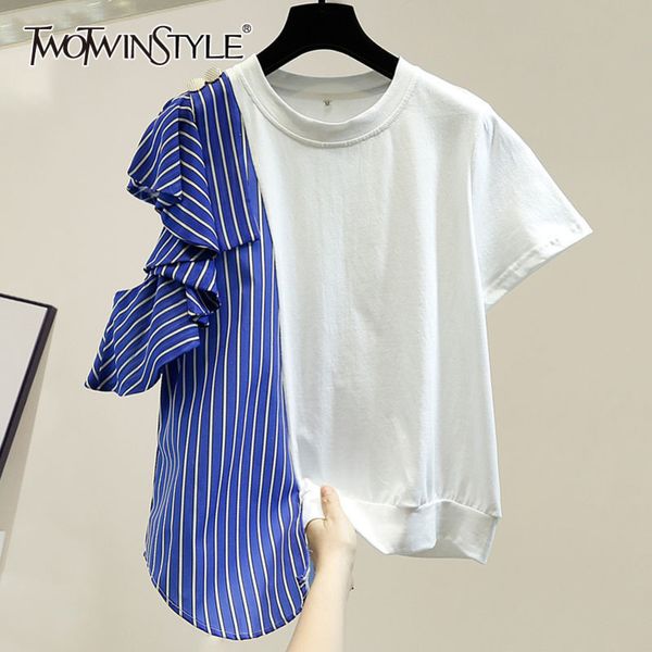 

twowinsyle patchwork striped casual shirt for women o neck short sleeve joker loose shirts female fashion clothing 210423, White