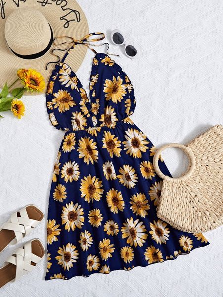 

floral halter neck frill trim dress h7bm#, Black;gray