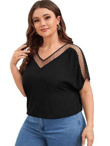 

plus contrast dobby mesh dolman sleeve blouse 03uo#, Black