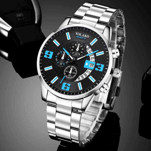 

fashion men's es men business casual silver stainless steel quartz wrist man calendar leather clock relogio masculino y220707, Slivery;brown