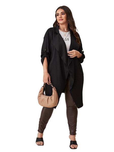 

plus roll tab sleeve belted coat e558#, Black