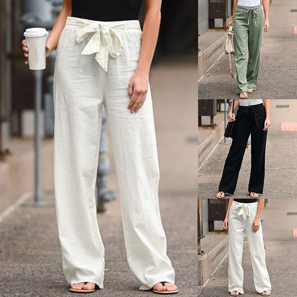 

women casual wide leg pants solid linen cotton spring straight trousers plus size high waist belt ankle-length long pant trouser, Black;white