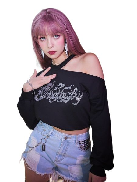 

romwe letter rhinestone asymmetrical neck h4o4#, Black