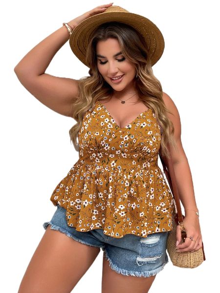

plus allover floral print shirred cami 87cb#, Black