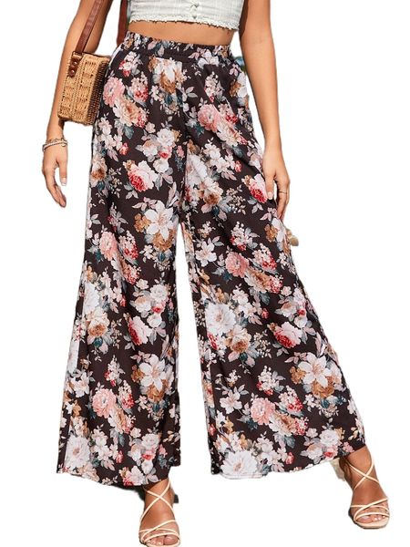 

floral print wide leg pants 90ig#, Black;white