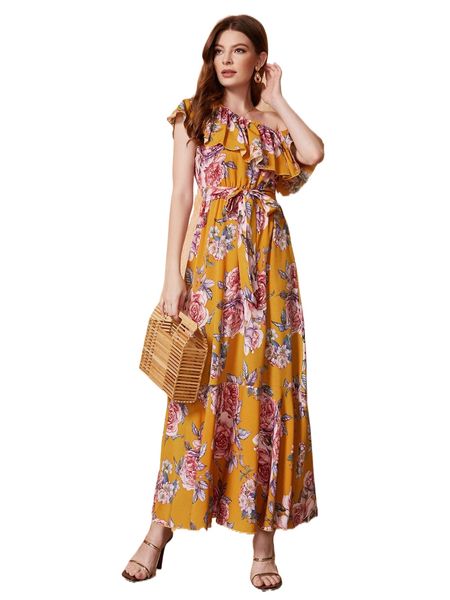 

asymmetrical neck belted floral print dress 19ve#, Black;gray