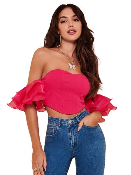 

bae off shoulder layered ruffle trim crop t6mm#, White