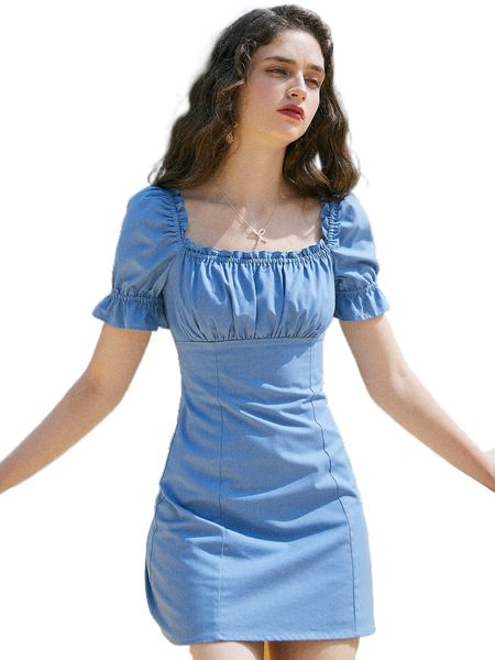 

ruched bust frill trim square neck flounce sleeve dress b0vh#, Black;gray