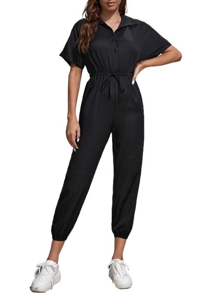 

button front batwing sleeve drawstring waist jumpsuit y7af#, Black;white