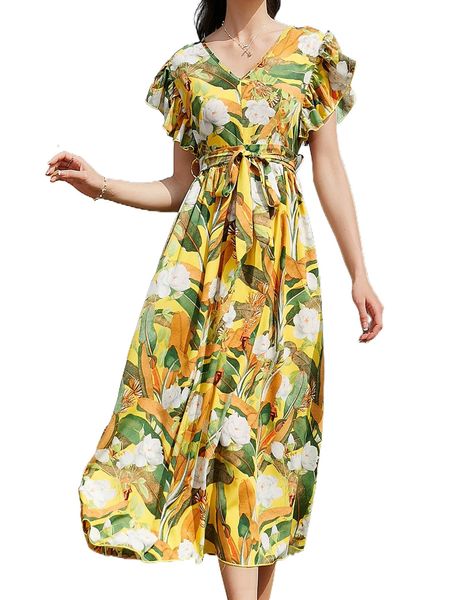 

ruffle cuff allover floral belted dress g9wh#, Black;gray