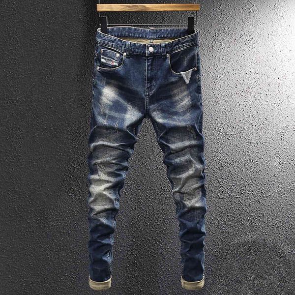 

men's jeans fashion street fashion vintage dark blue slim fitting jeans men's running water washing elastic straight casual pants