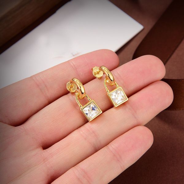 

charm earrings women designer with logo brass lock 925 sliver cool diamond, Golden