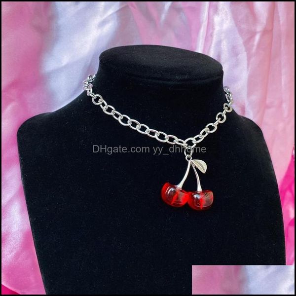 Colares pendentes pingentes jóias cereja gargantilha vermelha colar preto arame farpado de frutas 90s y2k go dhsw1