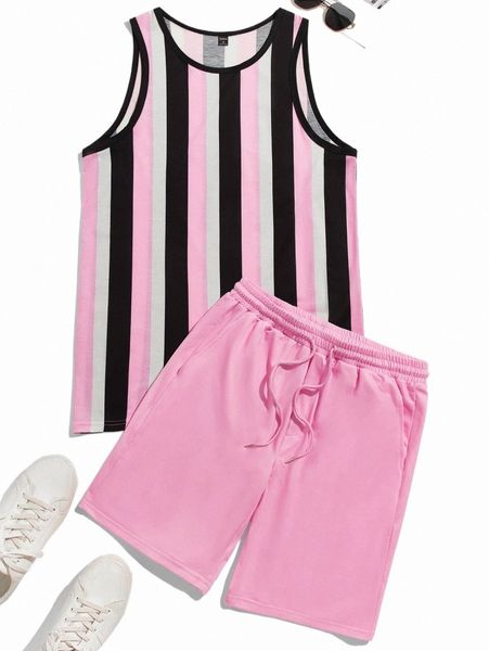 

men block striped tank & drawstring waist shorts 61eg#, Gray