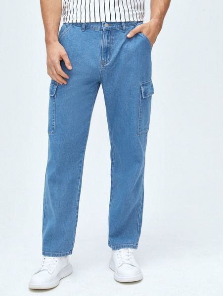 

men flap pocket light washed jeans z8et#, Blue