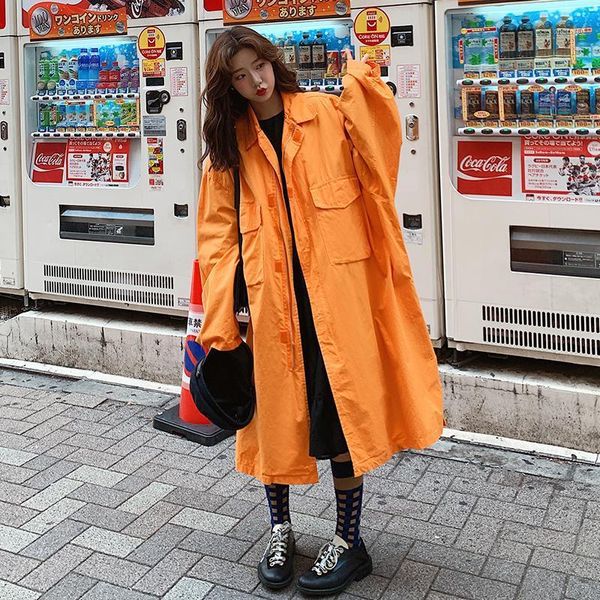 Frauengrabenmäntel 2022 Plus Größe Koreanische Orange Herbst Lässige Mantel Lange Knie Frauen Streetwear Lose Batwing Windjacke Frühling FY104