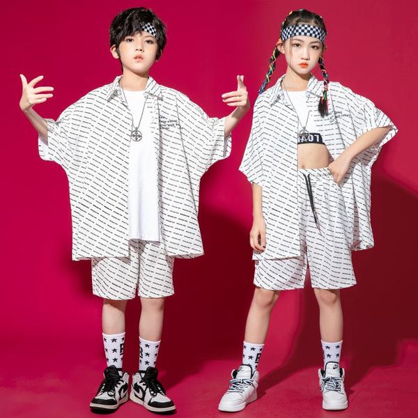 Kleidung Sets Jungen Sommer Hip Hop Weiß Gestreiften Kurzarm Shirt Shorts Für Mädchen Junge Jazz Dance Kostüm Teenager Streetwear kleidungKleidung