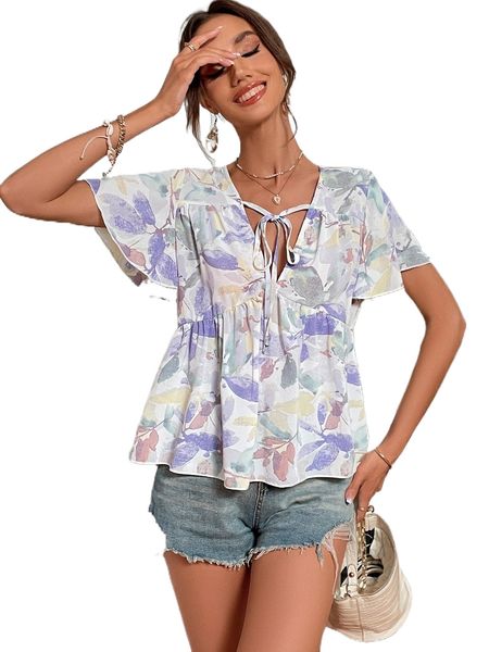 

plants print tie front peplum n8sv#, White
