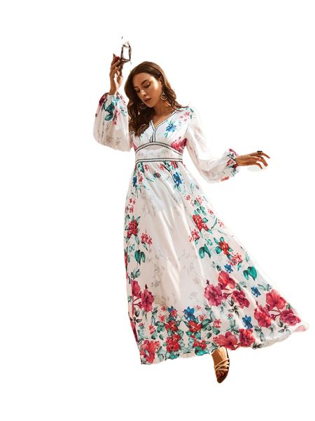 

floral print v-neck lantern sleeve dress q8so#, Black;gray