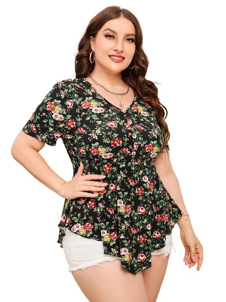 

plus allover floral print asymmetrical hem peplum tee k6my#, Black