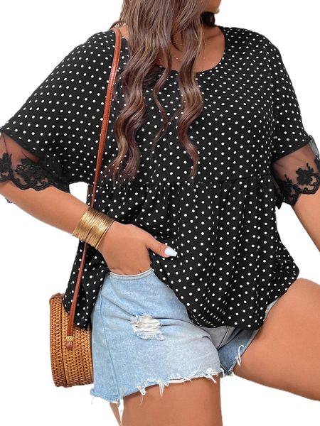 

plus polka dot contrast mesh smock blouse c1no#, Black