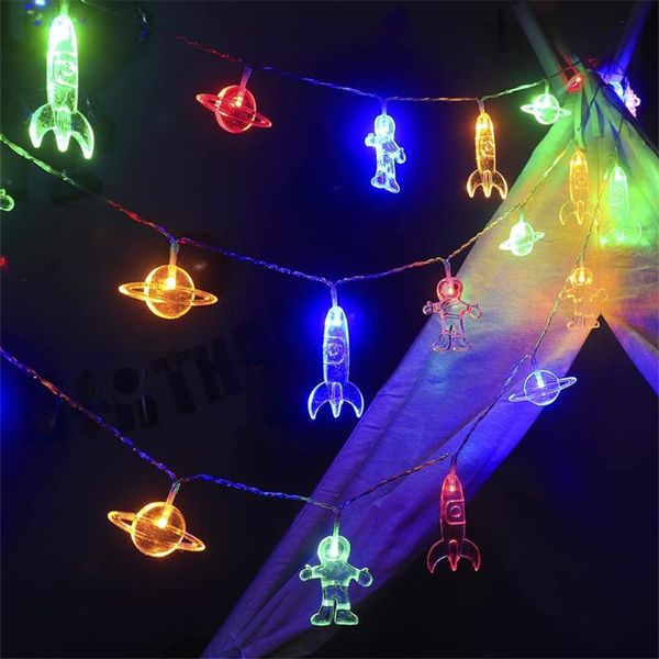 Stringhe 1.5m 3m 6m Astronauta Razzo Pianeta Stringa luminosa Alimentata a batteria LED Galaxy Per bambini Compleanno Festa di Natale DecorLED StringsLED