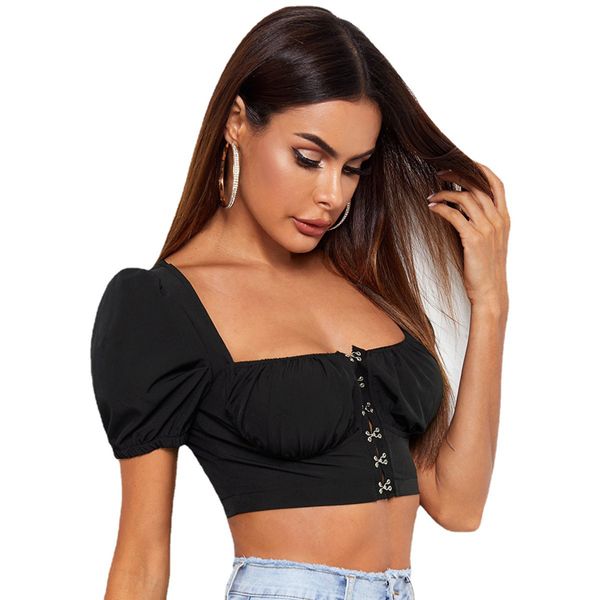 

selling women square collar cute puff sleeve solid color black blouse, White