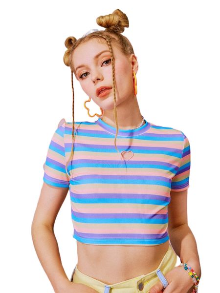 

romwe y2k revival striped heart cut-out tee q5ie#, White