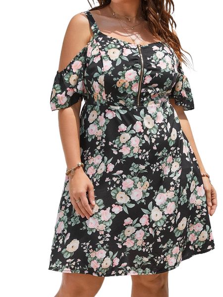 

plus floral print cold shoulder zipper front dress r6qq#, Black