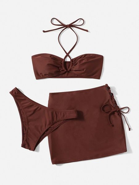 

3pack solid cross bikini swimsuit & beach skirt h2oj#, White;black