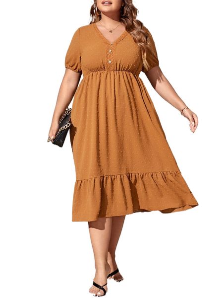 

plus swiss dot lace panel ruffle hem a-line dress 72mj#, Black