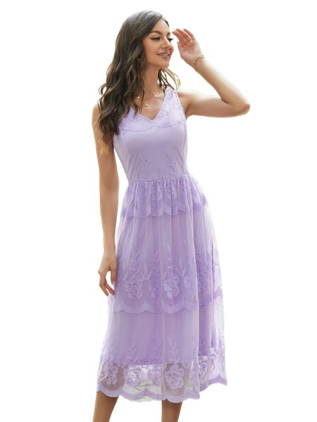

floral embroidery scallop trim dress b9ih#, Black;gray