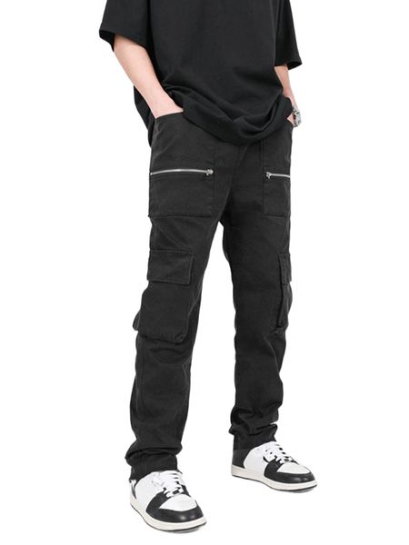 

men zip detail flap pocket side drawstring waist pants g0rr#, Black