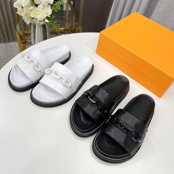 

designers mens womens slippers fashion chain floral slipper leather rubber flats sandals summer beach shoes with, Black