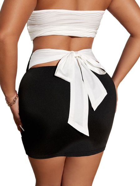 

sxy contrast tie back bodycon skirt l624#, Black