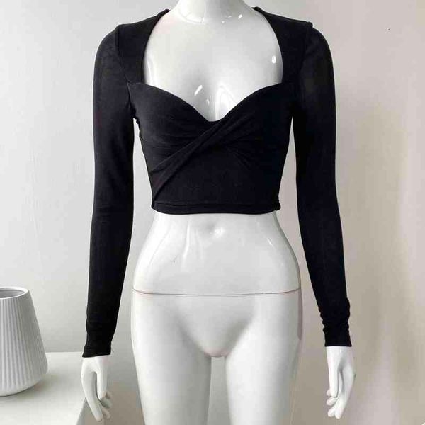 

women's t-shirt foreign trade original single versatile foreign style v-neck kink design long sleeve slim fitting short sweater top, White