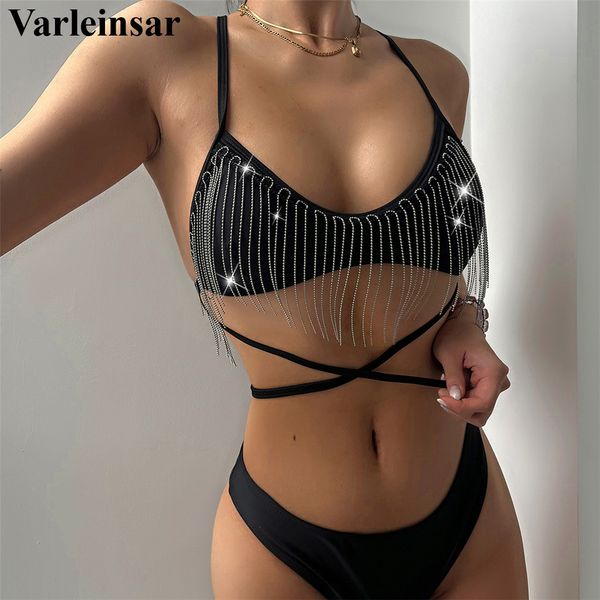

bling tassel wrap around bikini female swimsuit women swimwear two-pieces bikini set padded bather bathing suit swim lady v3477, White;black
