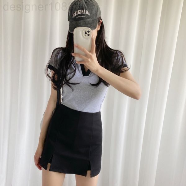 

women's t-shirt designer contrast v-neck t-shirt + split half skirt pants set contrast polo neck with short design shows high and thin, White