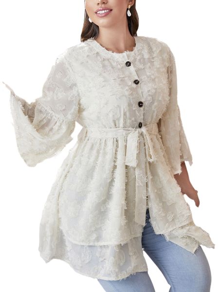 

plus flounce sleeve layered hem belted fuzzy blouse d5qa#, Black