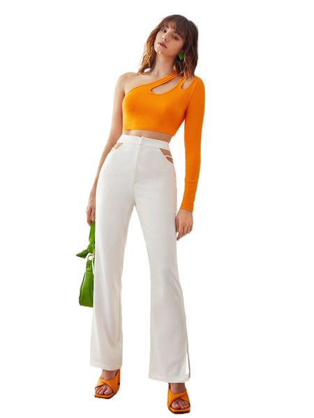 

zipper fly cutout waist split hem pants 03zm#, Black;white